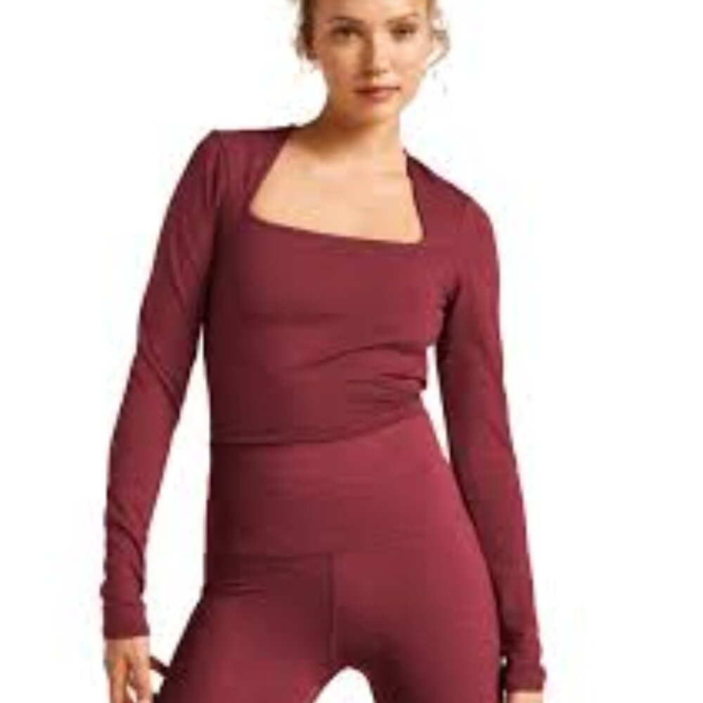 Beyond Yoga - Heather Rib Framed Cropped Pullover -Rosewood Heather